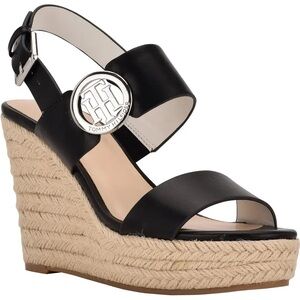 Tommy Hilfiger Black Platform Espadrille Wedge Sandals with Silver Logo